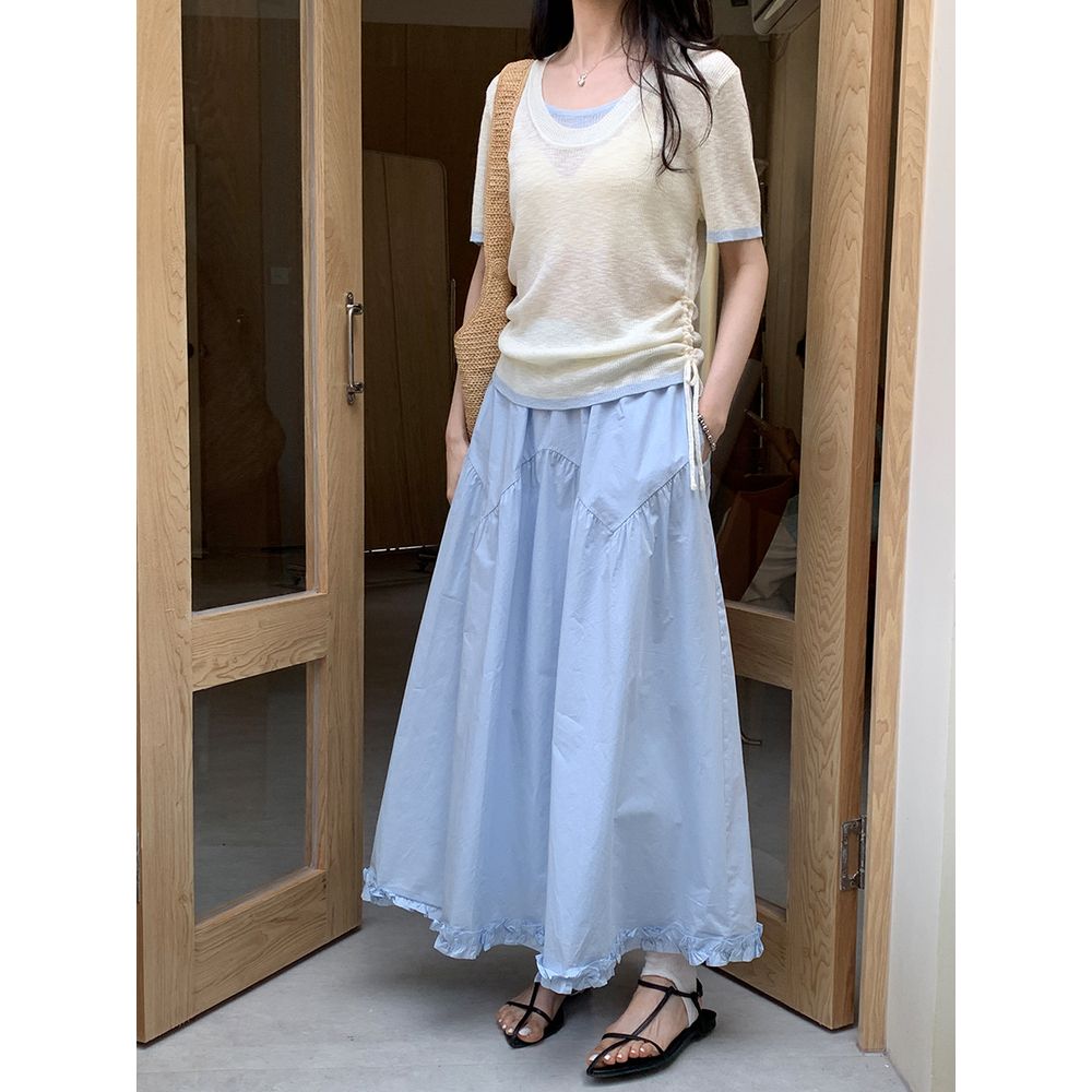 Round Neck Short Sleeve Knitted Sweater Women's Pleated Waist Slim T-Shirt Top