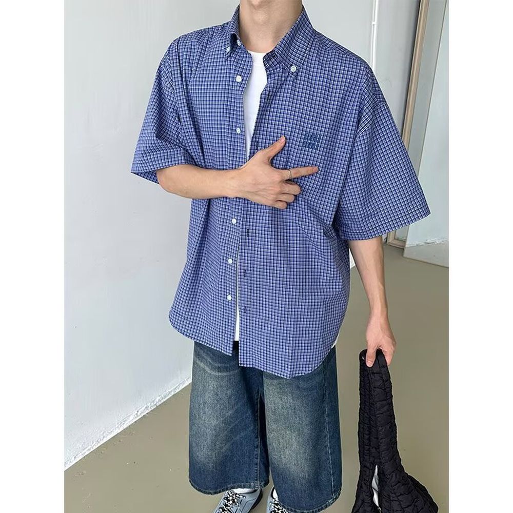 Men's Blue Plaid Shirt Short-Sleeved Summer Jacket