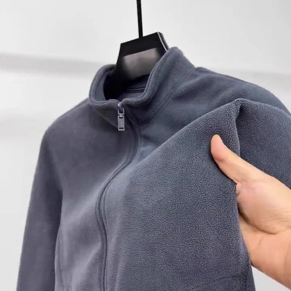 Men's Stand Collar Zipper Cardigan Thick Warm Polar Fleece Solid Color Jacket